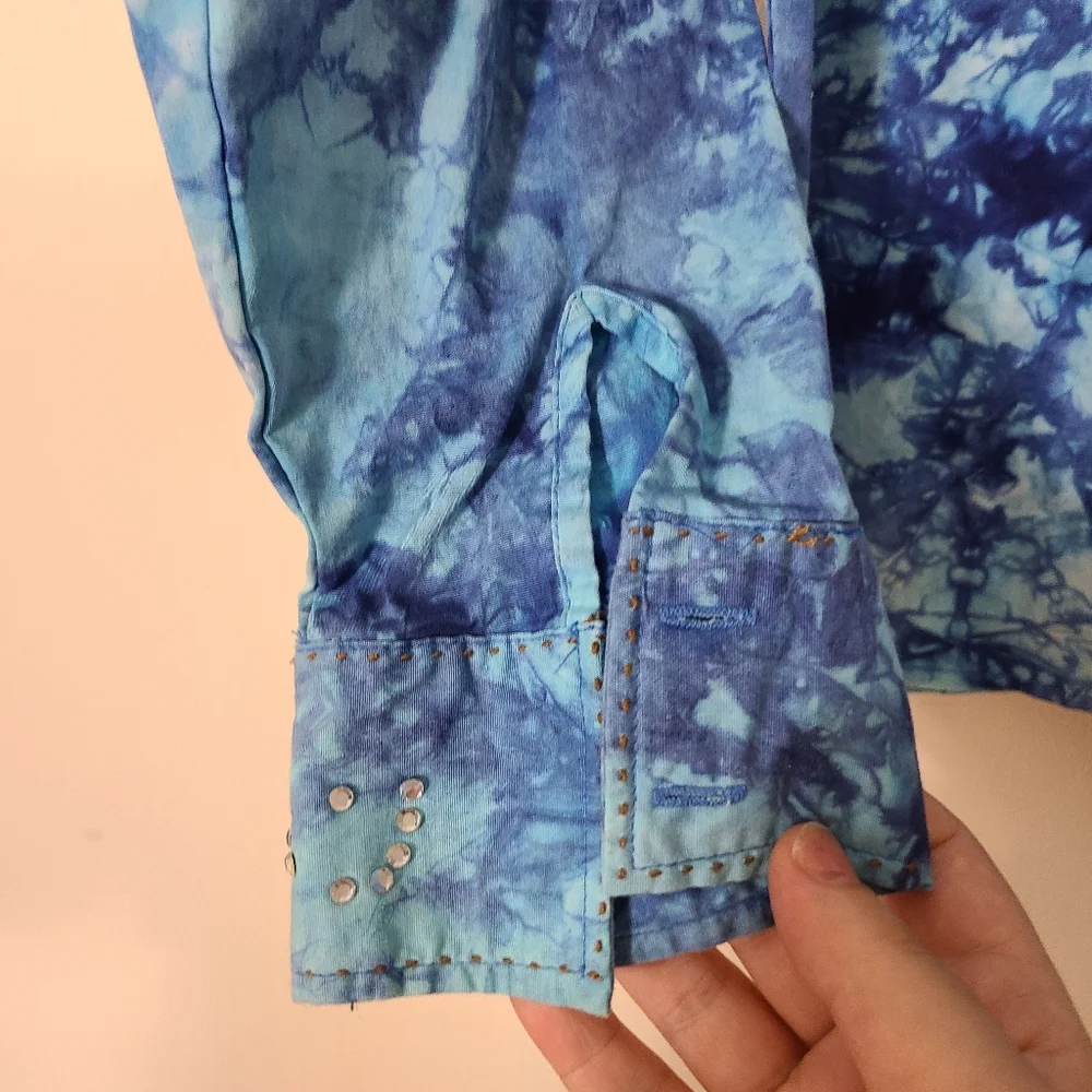 Y2K TyeDye Rhinestone Jacket Blue Silver Rhinestones Shirt With Pockets XL - Picture 7 of 11